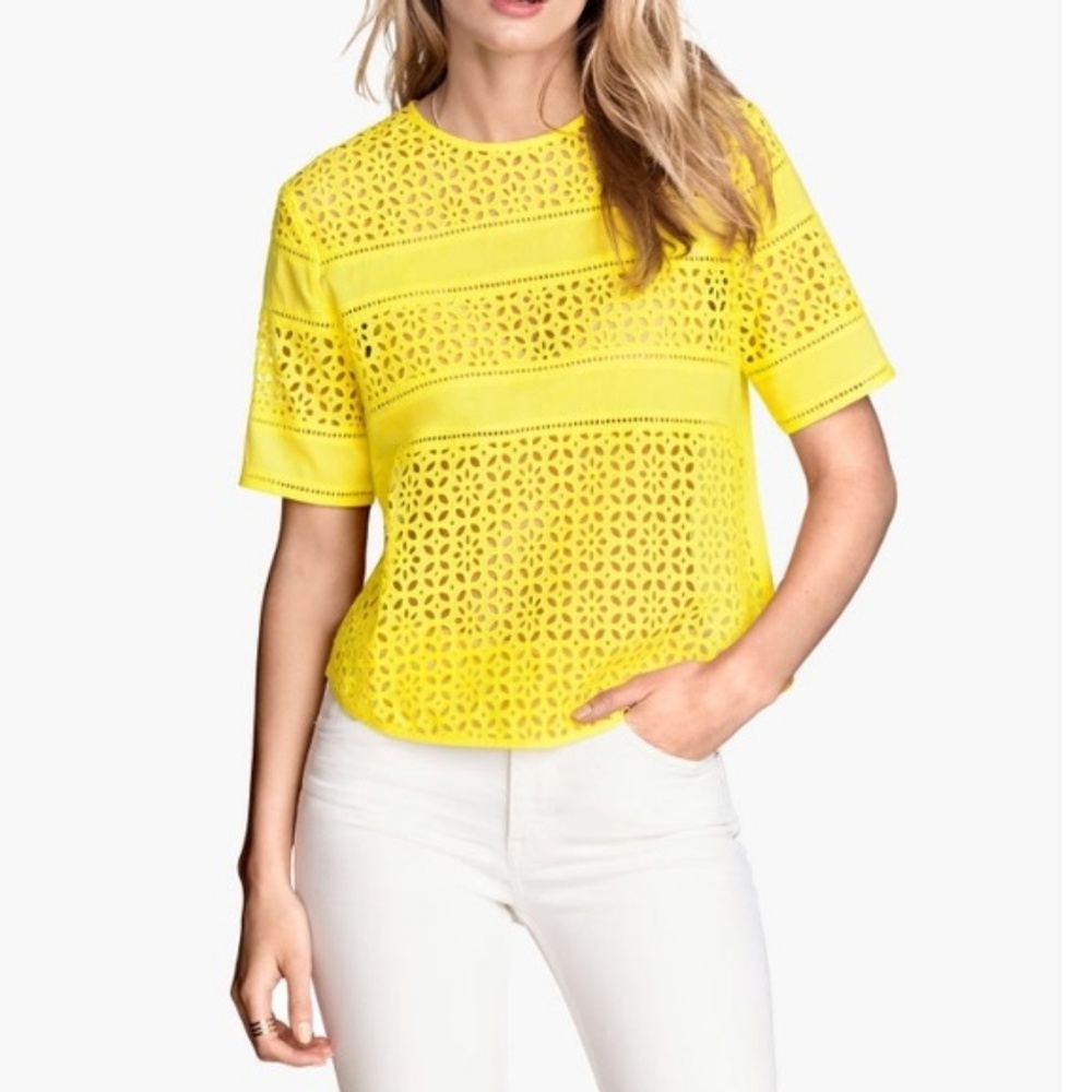 H&M yellow floral eyelet sheer front top